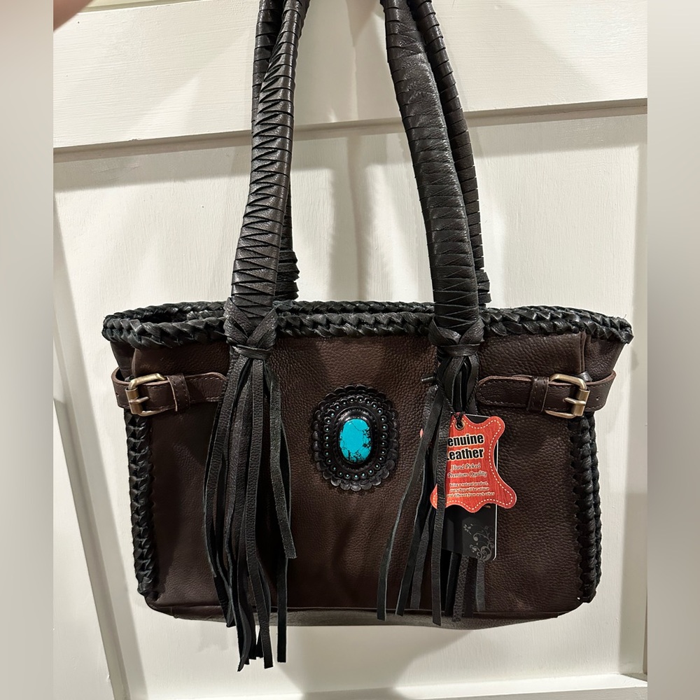 Hide Leather Handbag with turquoise stone